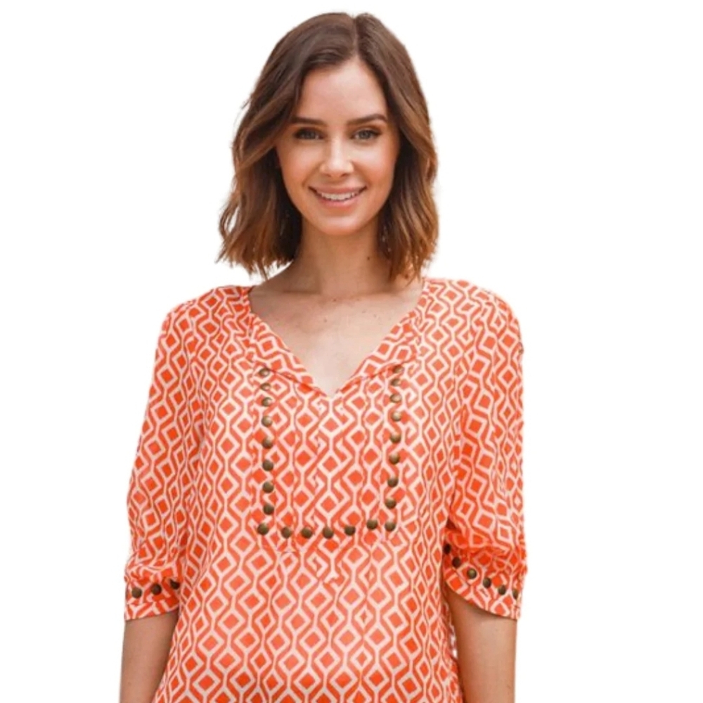Short-Sleeve V Neck Blouse With Studs